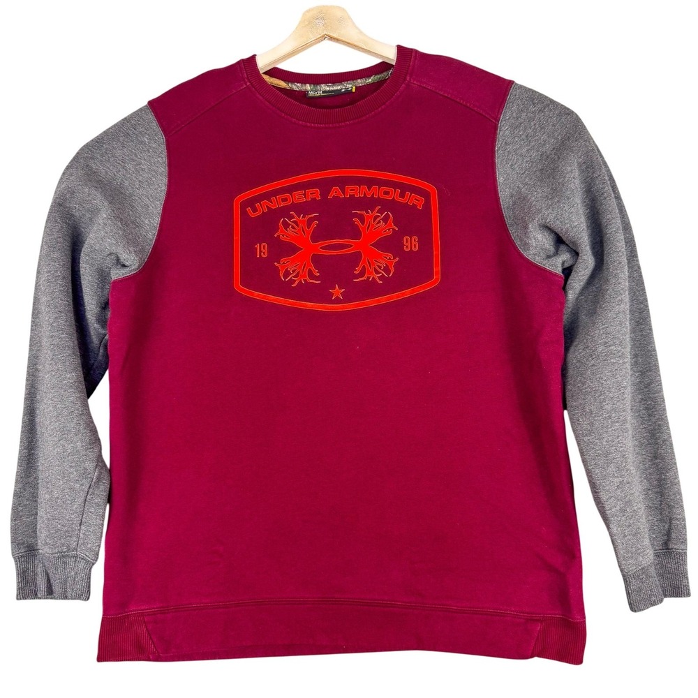 Under Armour Sweatshirt Mens‎ Medium Red Crewneck Pullover Fleece Graphic Logo